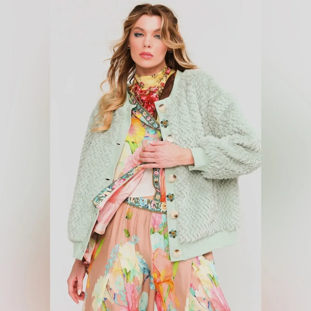 ARATTA Nellie Boho Luxe Mint Fur Jacket Satin Lined Crystal Buttons Boutique - Picture 4 of 16